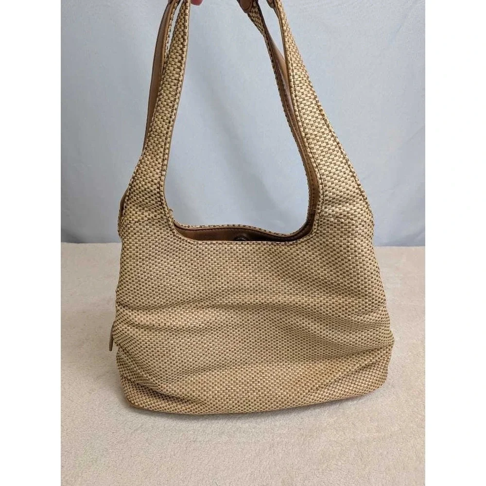Croft & Barrow Woven Shoulder Bag Tan‎ Brown Leather Trim Everyday Hobo Purse